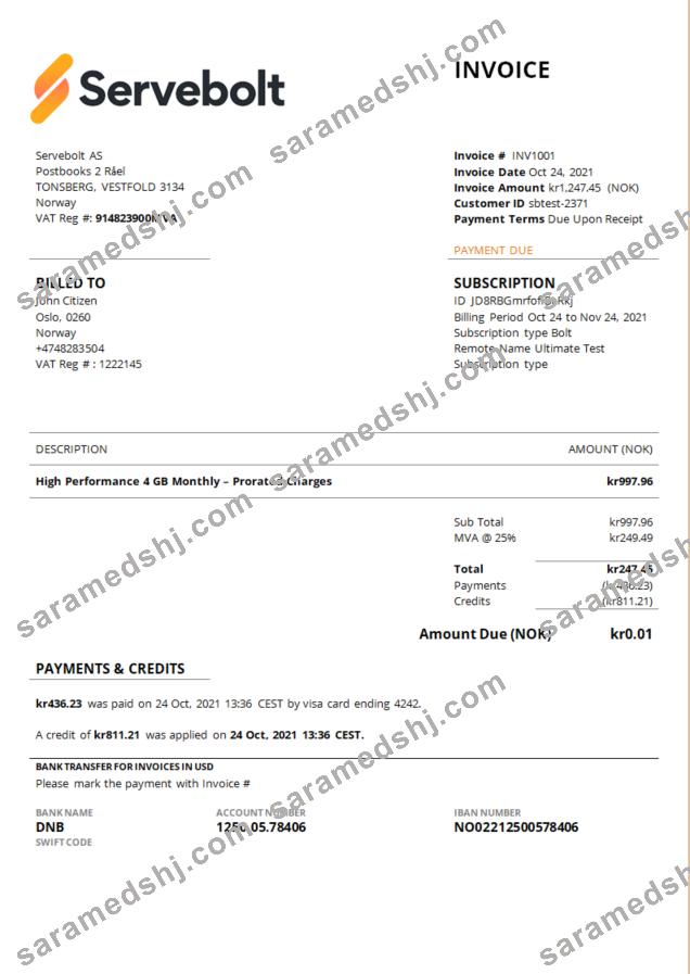 Norway Servebolt high performance hosting company invoice